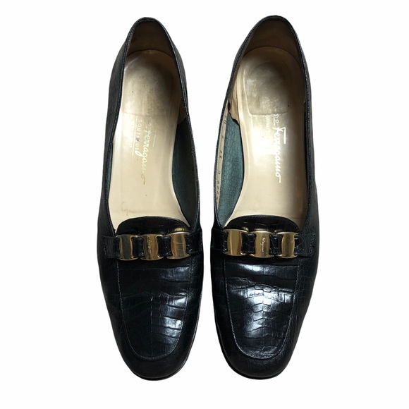 Ferragamo Black Croc Leather Buckle Loafers Shoes - Picture 2 of 6